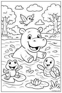 Hippo Playing with Friends in the River Coloring Page