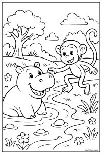 Hippo Playing with Monkey Near the River Coloring Page
