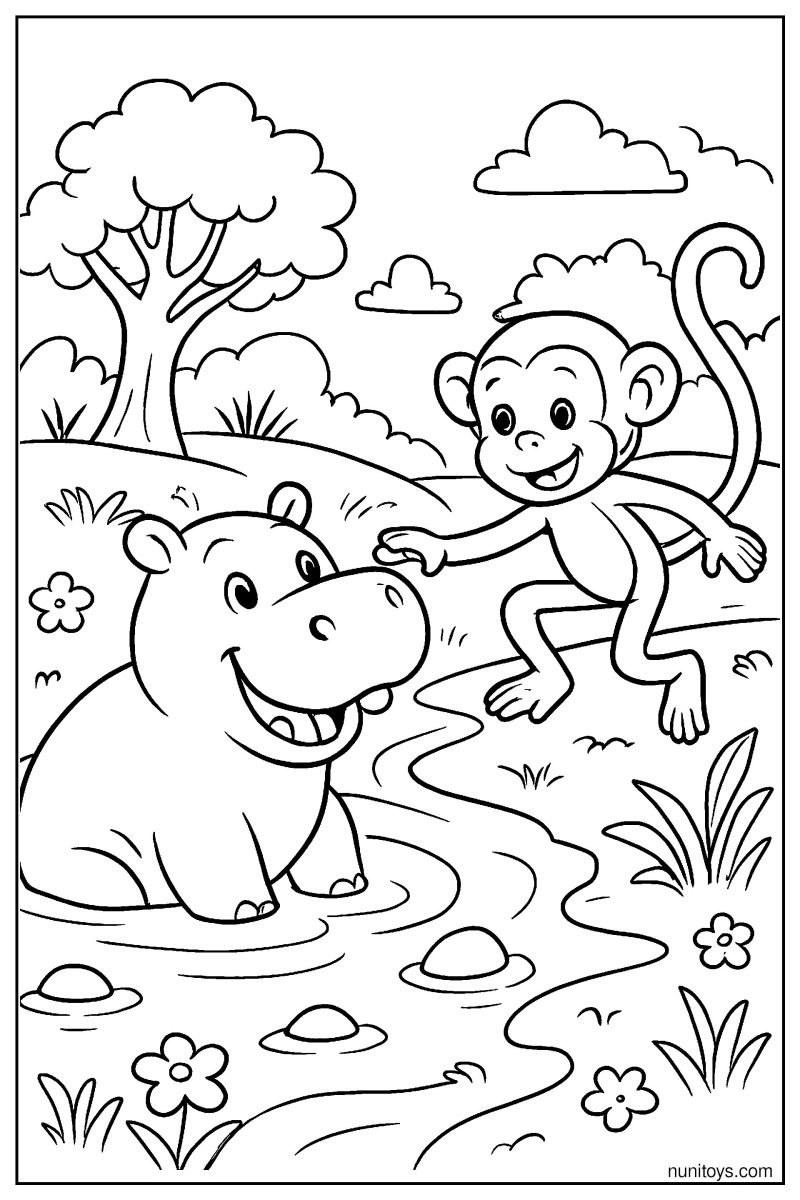 Hippo Playing with Monkey Near the River Coloring Page