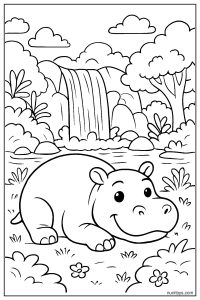 Hippo Resting by the Waterfall Coloring Page