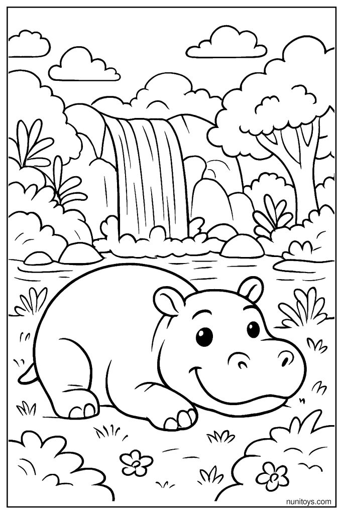 Hippo Resting by the Waterfall Coloring Page