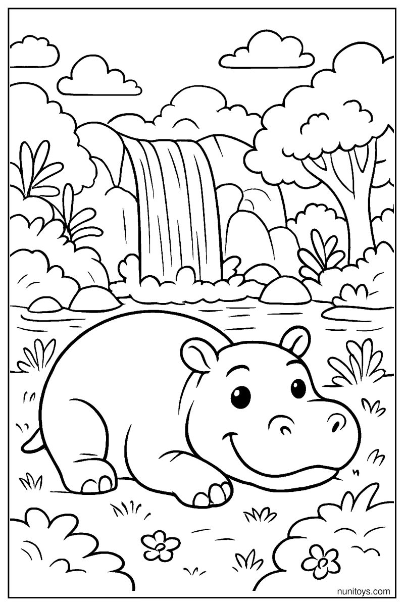 Hippo Resting by the Waterfall Coloring Page