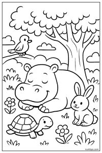 Hippo Resting with Animals Under a Tree Coloring Page