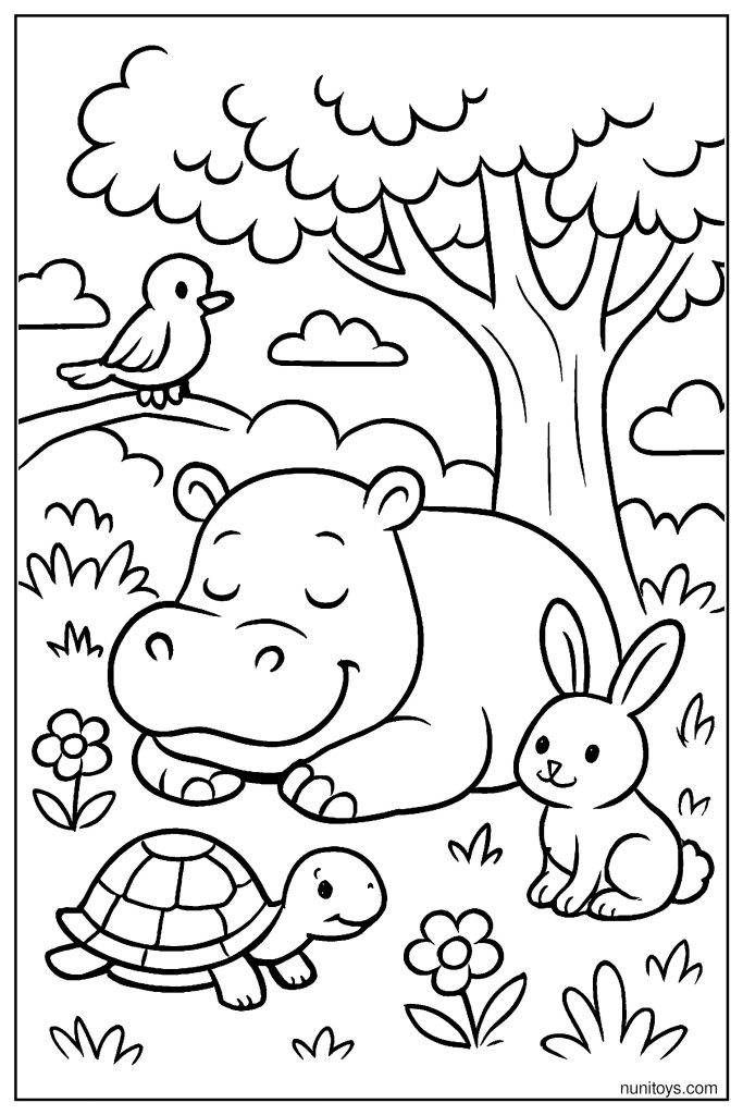 Hippo Resting with Animals Under a Tree Coloring Page