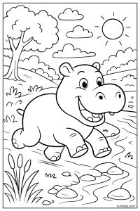 Hippo Runner by the River Shore Coloring Page