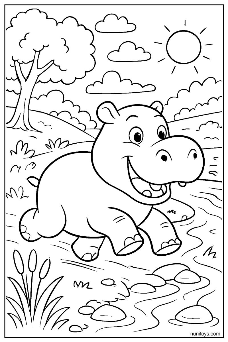 Hippo Runner by the River Shore Coloring Page