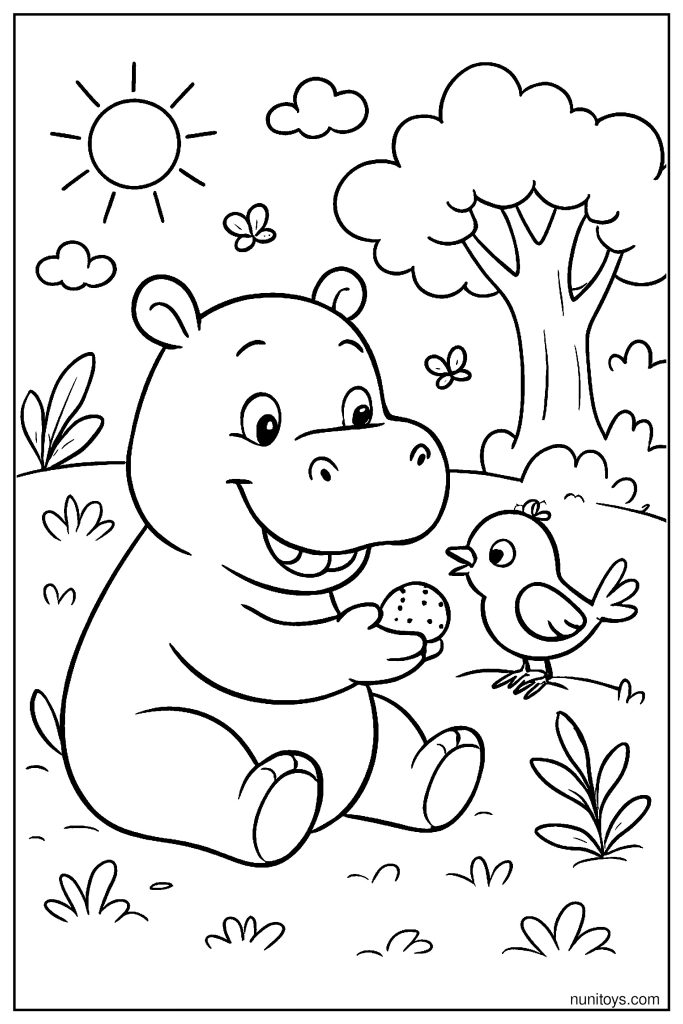 Hippo Sharing Food with a Bird Coloring Page