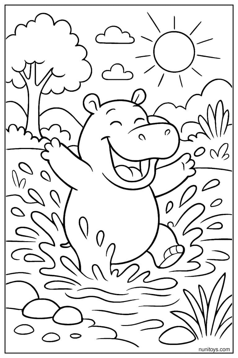 Happy Hippo Splash Coloring Page - Free Download PDF