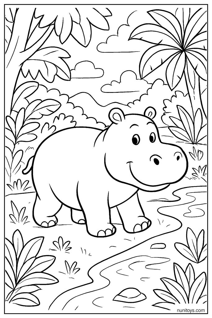 Hippo Walking Through Jungle Path by the Water Coloring Page