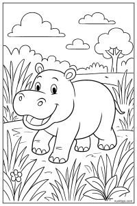 Hippo Walking Through Tall Grass by the River Coloring Page