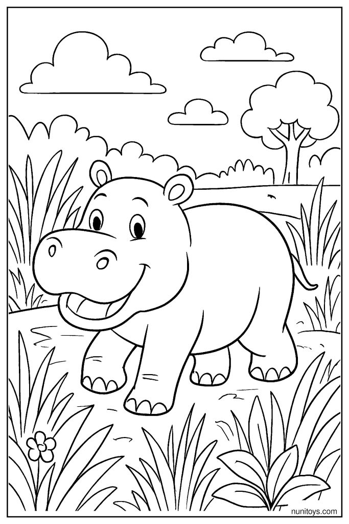 Hippo Walking Through Tall Grass by the River Coloring Page