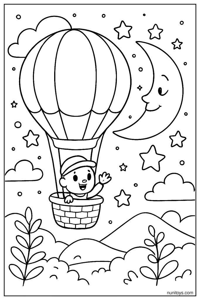 Hot Air Balloon Flying Near the Moon Coloring Page