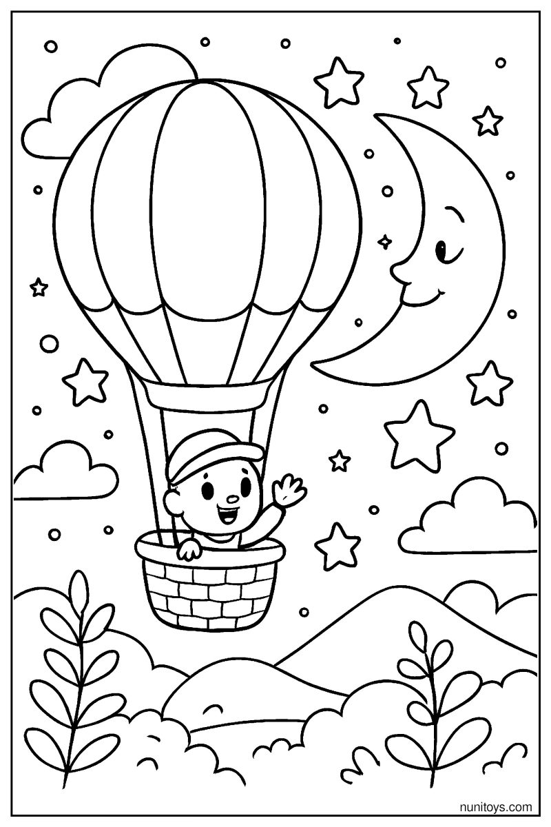 Hot Air Balloon Flying Near the Moon Coloring Page