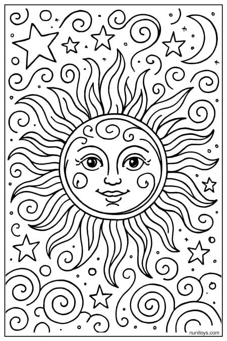 Decorative Sun with Swirling Patterns and Stars Coloring Page