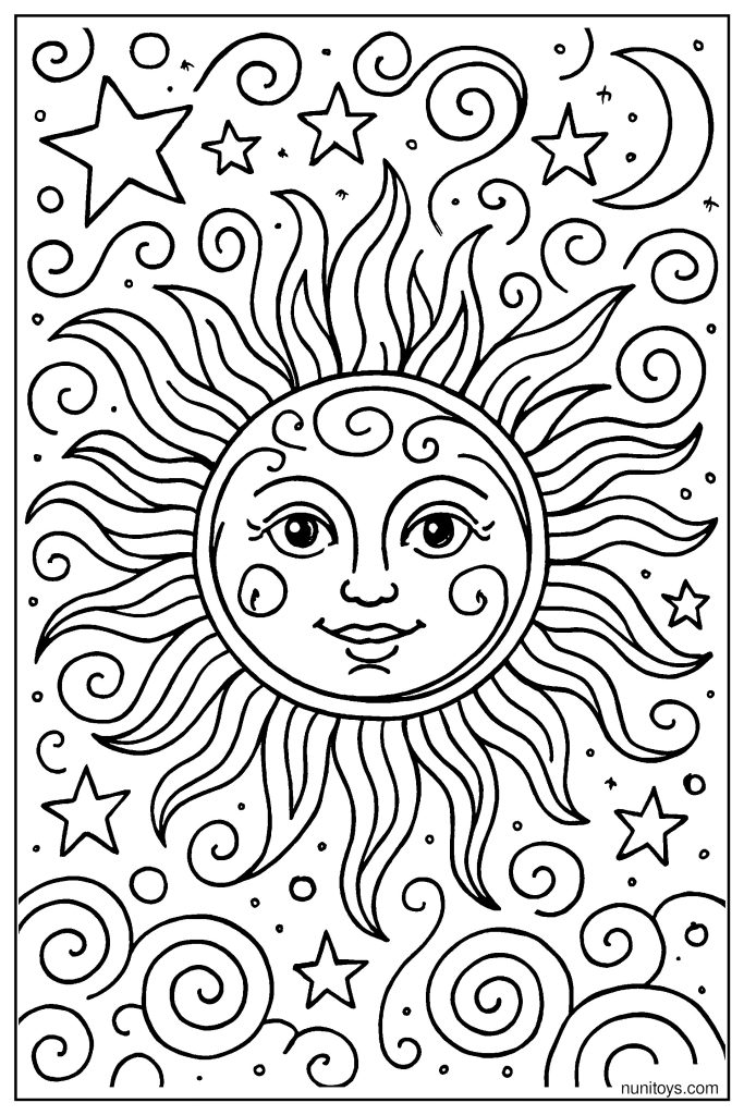 Intricate Sun Design with Swirling Patterns and Cosmic Background Coloring Page