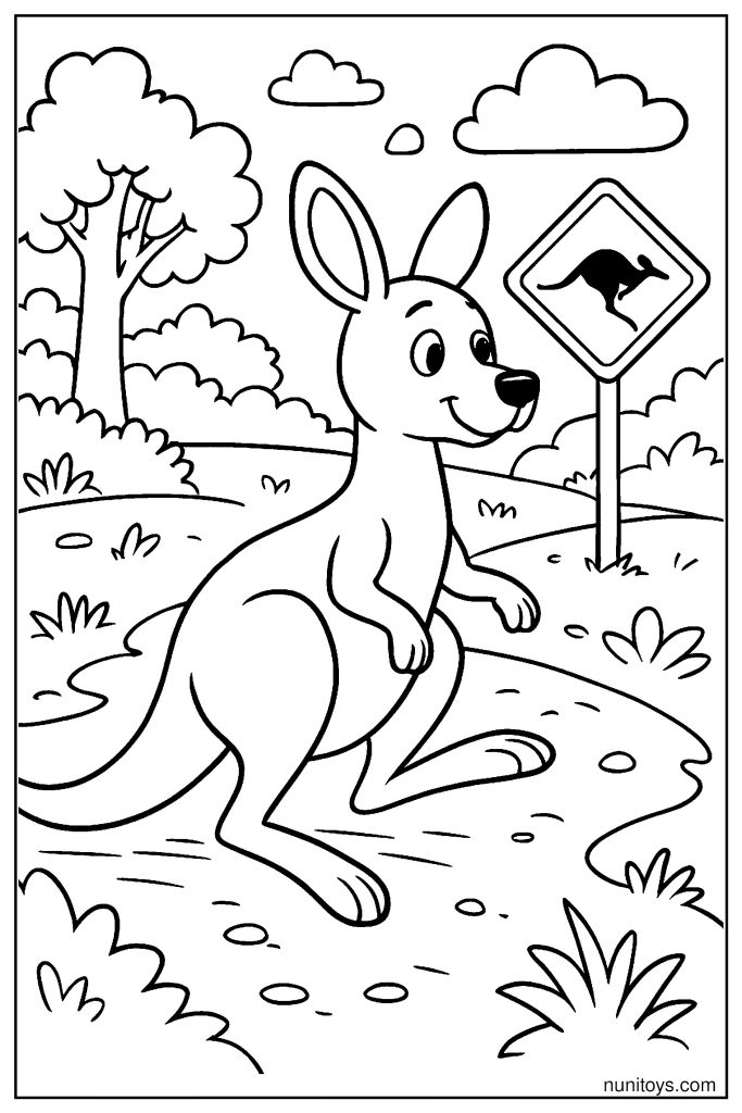 Kangaroo Crossing a Dirt Path: Shadows and Environment Coloring Page