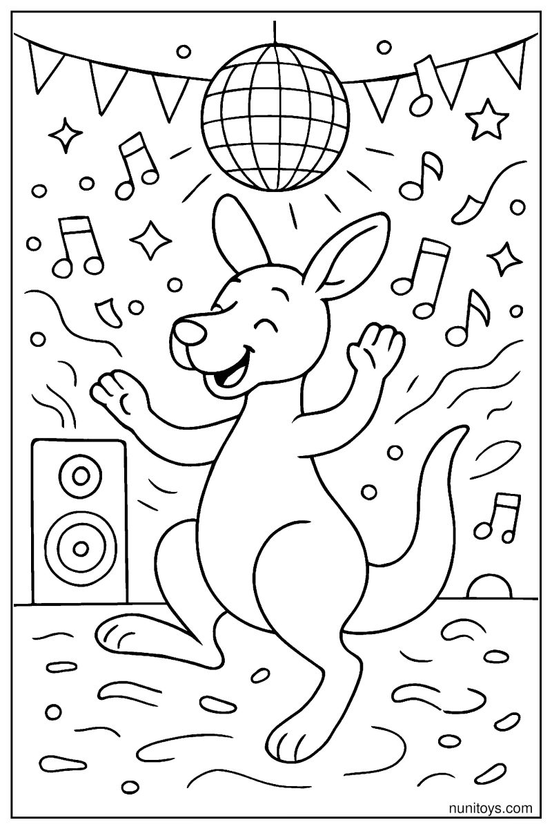 Kangaroo Dancing Wildly at a Party Coloring Page