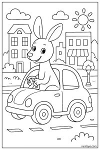 Kangaroo Driving a Small Car Through a Cartoon City Coloring Page