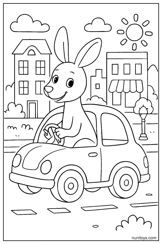 Kangaroo Driving a Small Car Through a Cartoon City Coloring Page