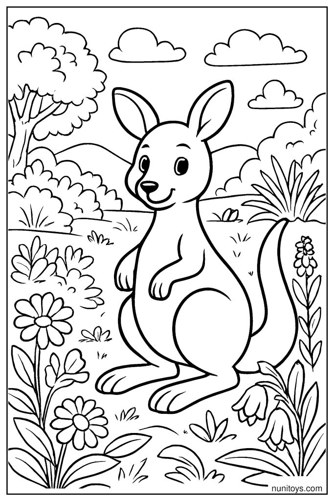 Kangaroo in Bushland: Coloring Page with Detailed Plants and Native Flowers