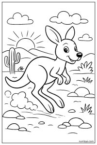 Kangaroo Jumping Across Desert Sunset Coloring Page