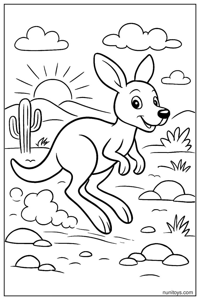 Kangaroo Jumping Across Desert Sunset Coloring Page