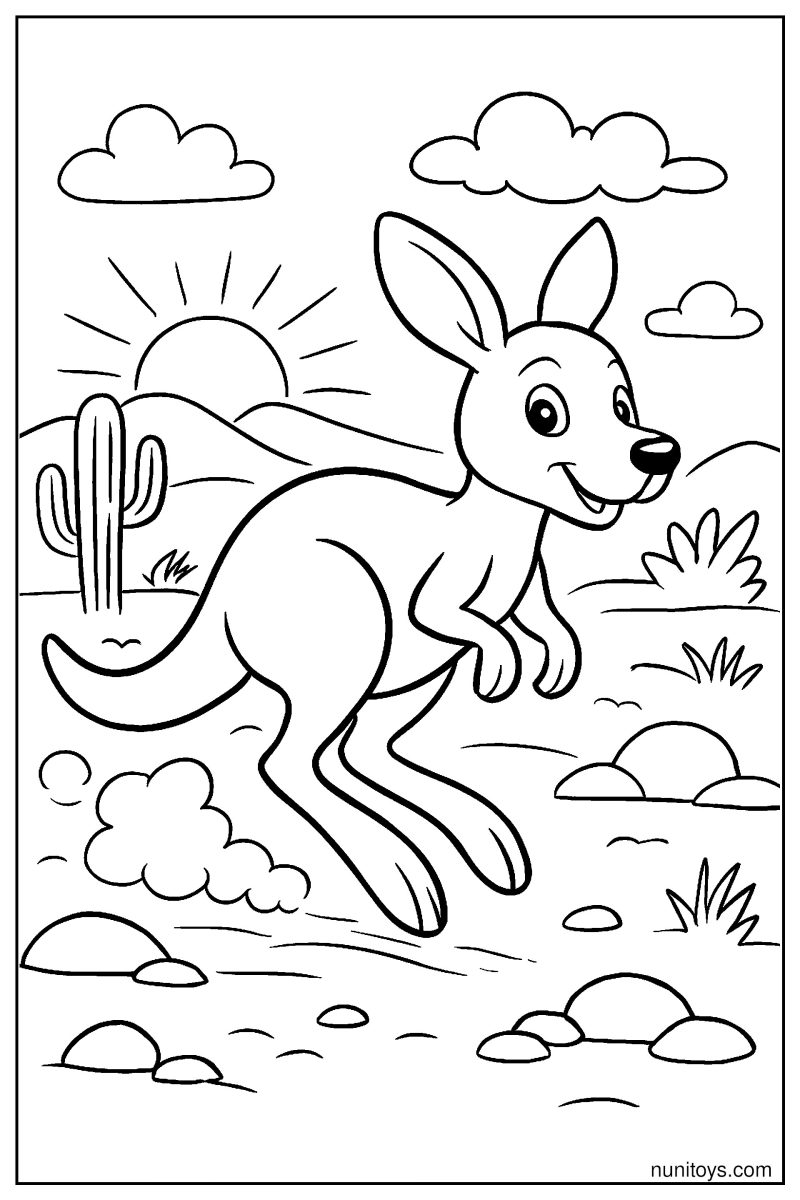 Kangaroo Jumping Across Desert Sunset Coloring Page