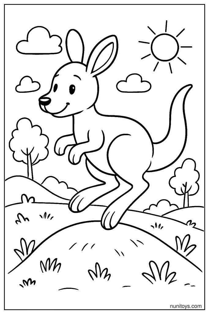 Kangaroo Outline Jumping Over a Small Hill Coloring Page