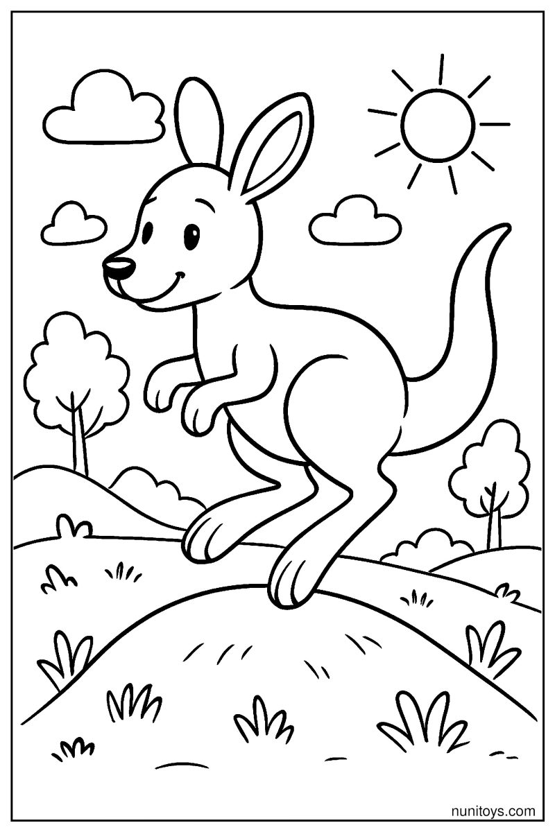 Kangaroo Outline Jumping Over a Small Hill Coloring Page
