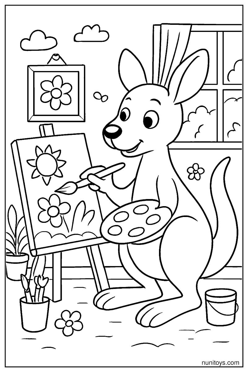 Kangaroo Painting a Colorful Picture in the Art Studio