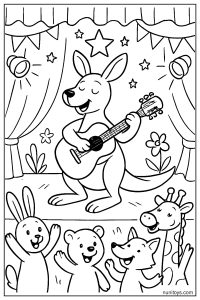 Kangaroo Playing Guitar on Stage Coloring Page