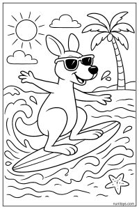 Kangaroo Surfing in Sunglasses: A Beach Coloring Page
