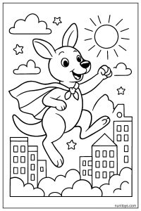 Kangaroo Superhero Cape: Flying Above the City Coloring Page
