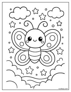 דף צביעה של פרפר קוואי חמוד בין כוכבים ועננים