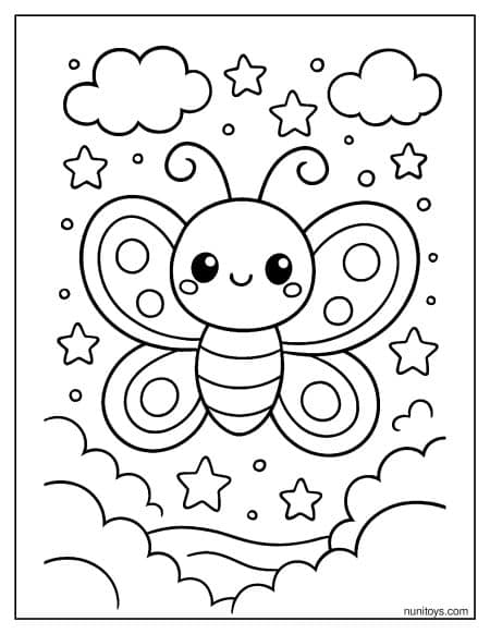 דף צביעה של פרפר קוואי חמוד בין כוכבים ועננים