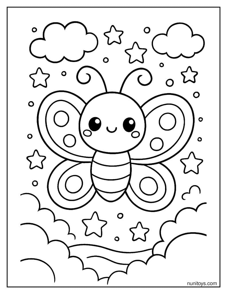 דף צביעה של פרפר קוואי חמוד בין כוכבים ועננים