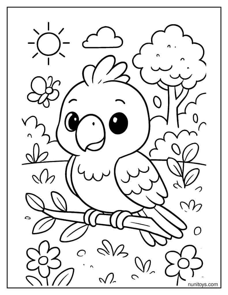 תוכי חמוד בסגנון קוואי יושב על ענף בגינה