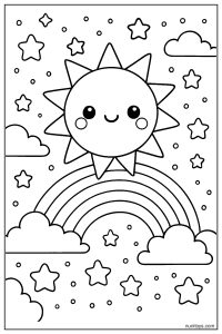 Kawaii Sun with Tiny Stars and Rainbow in a Magical Sky Coloring Page