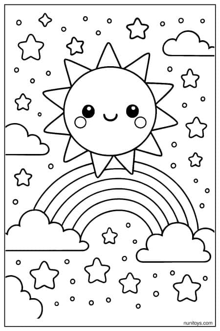 Happy Sun Rising Above Rainbow and Stars Coloring Page