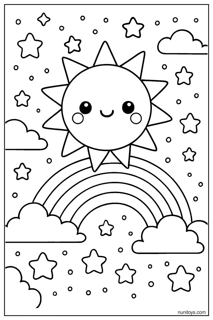 Kawaii Sun with Tiny Stars and Rainbow in a Magical Sky Coloring Page