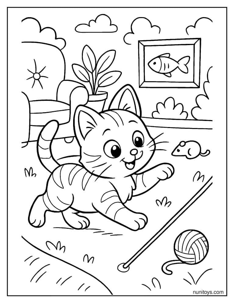 Coloriage chaton poursuivant une souris dans le salon