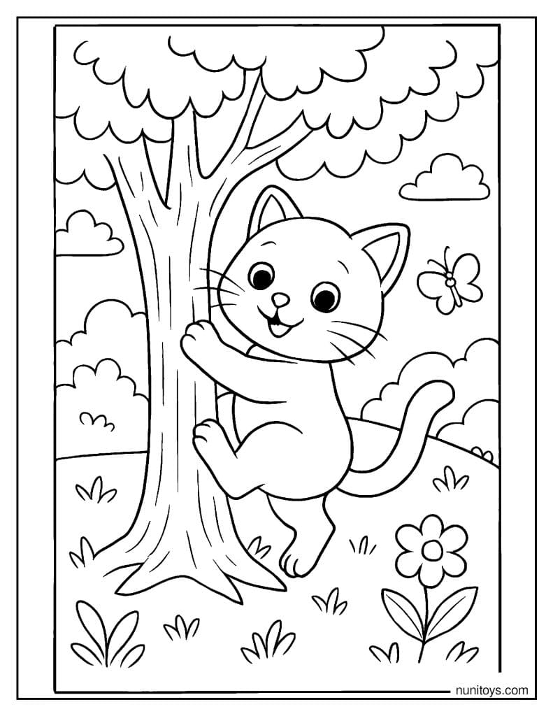 דף צביעה של חתלתול מטפס על עץ בטבע