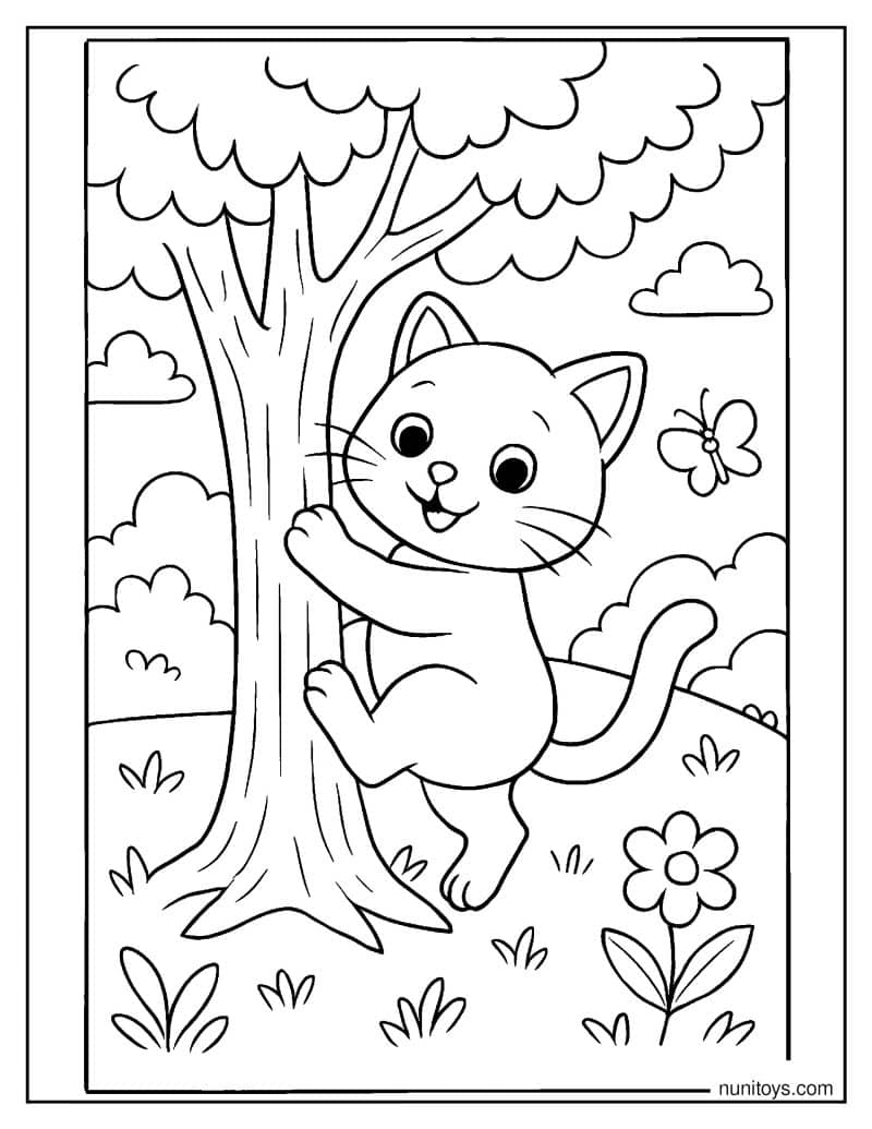 דף צביעה של חתלתול מטפס על עץ בטבע