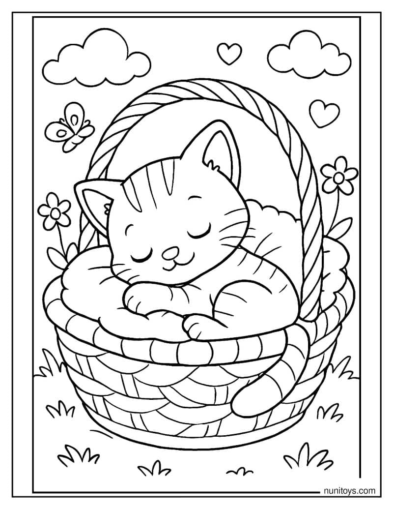 דף צביעה של חתלתול חמוד ישן בתוך סל עם כרית רכה