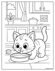 דף צביעה של חתלתול שותה חלב בקערה במטבח