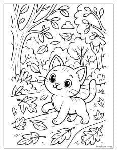 דף צביעה של חתלתול חמוד מטייל בשביל יער