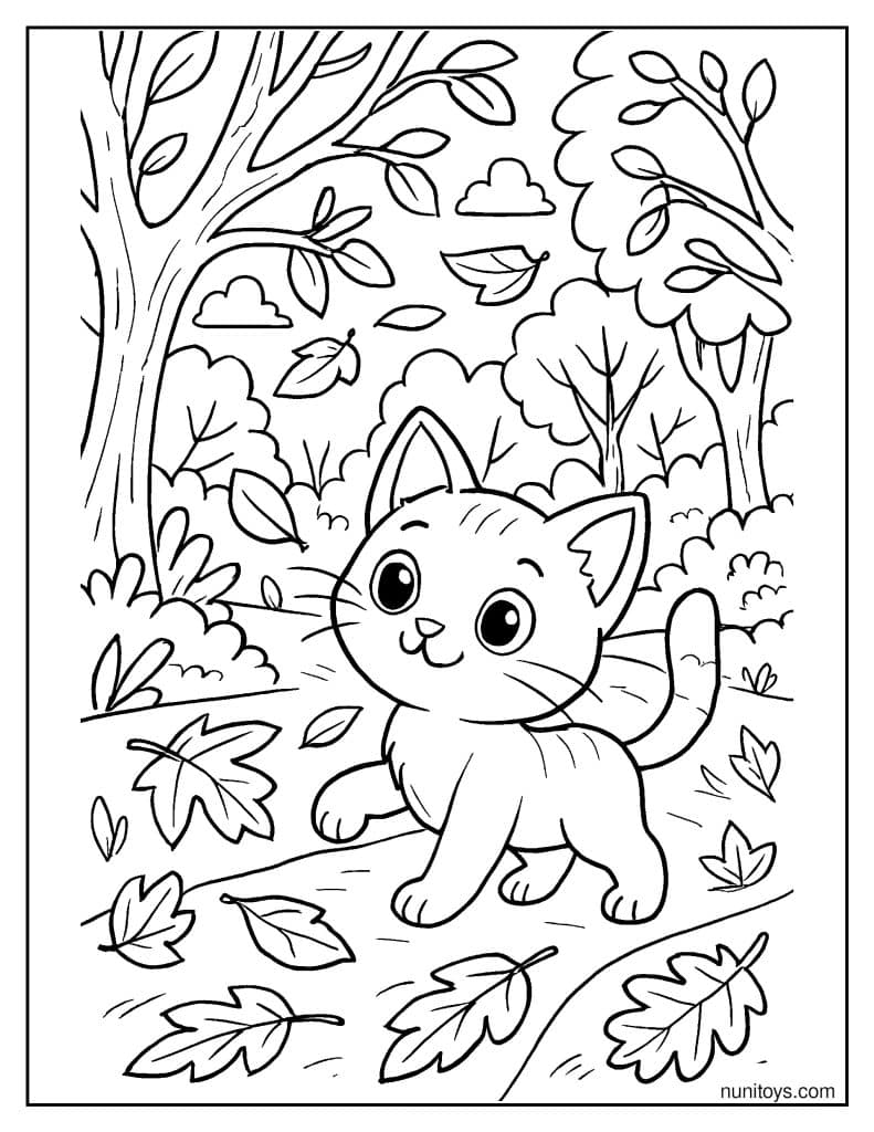 דף צביעה של חתלתול חמוד מטייל בשביל יער