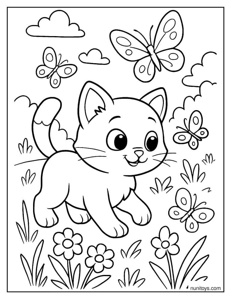 Coloriage petit chat poursuivant des papillons dans une prairie fleurie