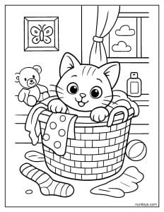 דף צביעה של חתלתול חמוד מתחבא בתוך סל כביסה