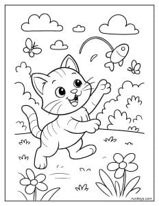 דף צביעה של חתלתול חמוד קופץ לתפוס צעצוע מעופף